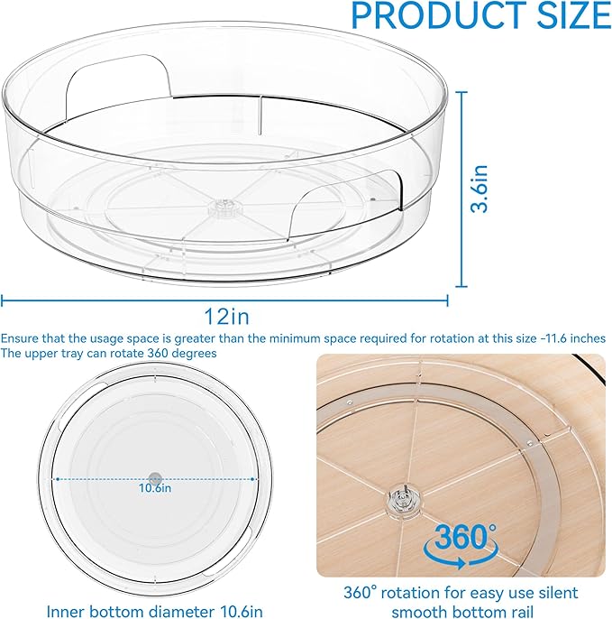Yieach 4 Pack 12" W Clear Acrylic Lazy Susan Turntable for Cabinet,Refrigerator,Pantry and Kitchen - with Handle - Large Fridge Sauce Condiment Turn Table Organizer,Spinning Round Spice Rack Carousel