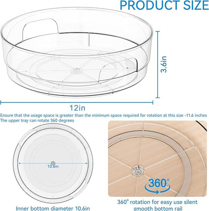 Yieach 4 Pack 12" W Clear Acrylic Lazy Susan Turntable for Cabinet,Refrigerator,Pantry and Kitchen - with Handle - Large Fridge Sauce Condiment Turn Table Organizer,Spinning Round Spice Rack Carousel