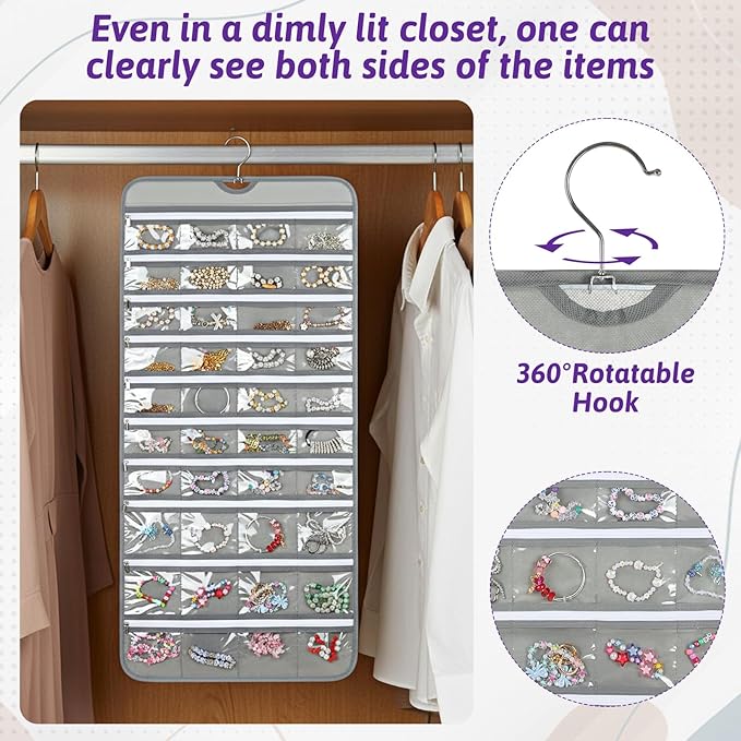 2 Pack Hanging Jewelry Organizer with 80 Zippered Pockets, Dual-Sided Dustproof Foldable for Travel, Accessories Organizer for Holding Jewelries, Earring Organizers and Storage