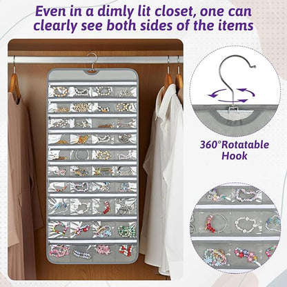 2 Pack Hanging Jewelry Organizer with 80 Zippered Pockets, Dual-Sided Dustproof Foldable for Travel, Accessories Organizer for Holding Jewelries, Earring Organizers and Storage