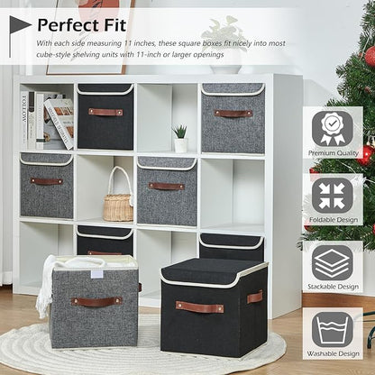 4PCS Storage Cubes with Lid Fabric Storage Bins Boxes PU Leather Handles Cotton Linen Closet Organizer Container Decorative Foldable Washable Shelf Cloth Basket (Flip-top Lid, Gray, 11in)