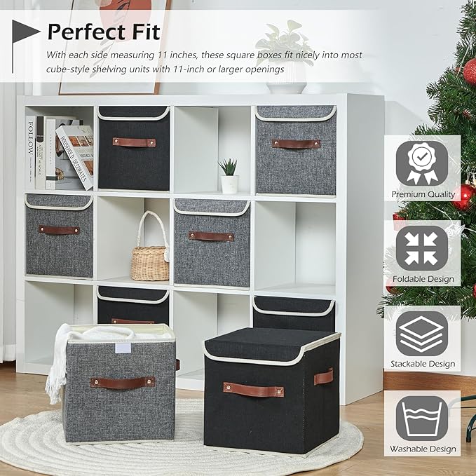 2PCS Storage Cubes with Lid Fabric Storage Bins Boxes PU Leather Handles Cotton Linen Closet Organizer Container Decorative Foldable Washable Shelf Cloth Basket (Flip-top Lid, Gray, 11in)
