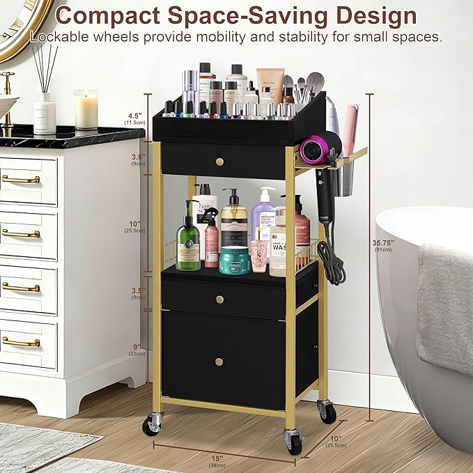 Makeup Organizer Cart with 3 Drawers, Rolling Vanity Organizer with Detachable Hair Tool Holder & Wheels, Floor Makeup Storage Cart for Skincare, Perfume, Nail Polish, Gold & Black