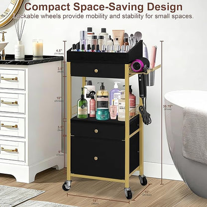 Makeup Organizer Cart with 3 Drawers, Rolling Vanity Organizer with Detachable Hair Tool Holder & Wheels, Floor Makeup Storage Cart for Skincare, Perfume, Nail Polish, Gold & Black