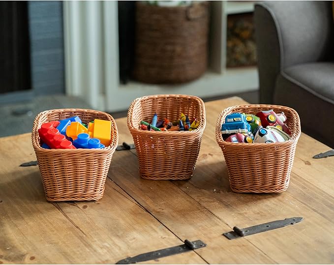 Set of 3 Rectangular Plastic Woven Storage Baskets, Organization Bins for Classroom, Home Decor, or Office Use, 11" x 7" x 5"