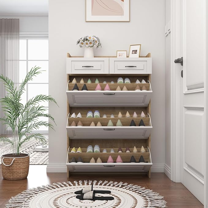 Shoe Cabinet for Entryway Hidden Shoes Storage Cabinet with 3 Flip Drawers, Tall Free Standing Shoe Organizer Rack for Foyer, Hallway