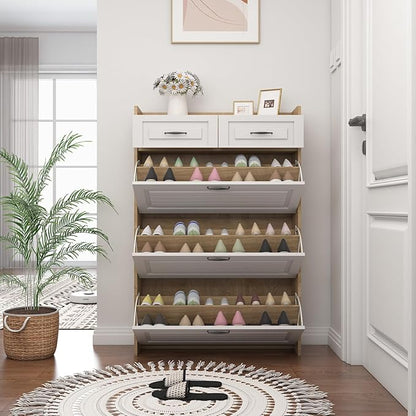 Shoe Cabinet for Entryway Hidden Shoes Storage Cabinet with 3 Flip Drawers, Tall Free Standing Shoe Organizer Rack for Foyer, Hallway