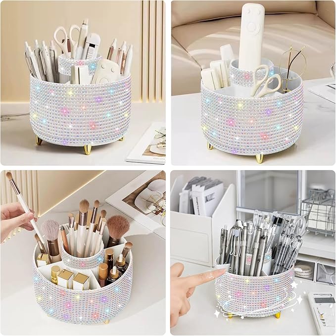 Diesisa Bling Makeup Organizer: 360°Rotating Bling Rhinestone Cosmetic Display Cases -Diamond Makeup Brush Holder - 5 Slot Cup for Cosmetics - Bling Lipstick Organizer - Gift for Women - Diamond White