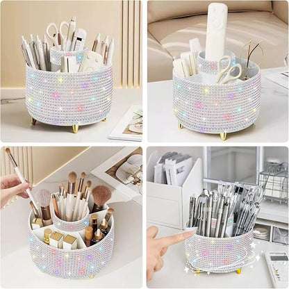 Diesisa Bling Makeup Organizer: 360°Rotating Bling Rhinestone Cosmetic Display Cases -Diamond Makeup Brush Holder - 5 Slot Cup for Cosmetics - Bling Lipstick Organizer - Gift for Women - Diamond White