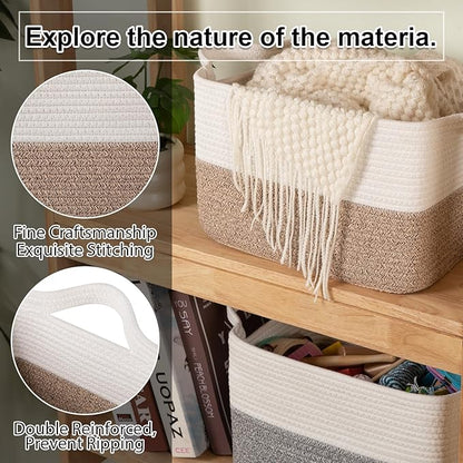 OIAHOMY Woven Storage Basket for Shelves, Rectangle Cotton Rope Baskets for Organizing, 16.5 x 13 x 11.8 in, Storage Bins for Dog Toys,Towel,Books,Gift,Brown and White