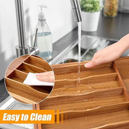 Bellsal Large Premium Acacia Wood Silverware Organizer - Expandable Utensil Drawer Organizer - 17"x19.6" Utensil Holder and Cutlery Tray with Grooved for Kitchen Flatware Utensils(7-9 Slot, Acacia)