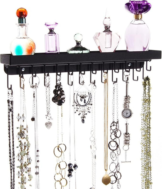 Angelynn's Heavy Duty Wall Mounted Long Necklace Hooks Holder Display Bracelet Organizer with Tray Shelf, Hanging Closet Jewelry Storage Rack, Schelon Black 14 1/2" x2 1/2"