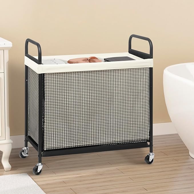 STORAGE MANIAC Rolling Laundry Hamper with Wheels 3-Section Laundry Sorter Rolling Laundrys Basket on Wheels with Removable Bag Clothes Hamper Laundrys Organizer Cart Bathroom Bedroom 120L Beige