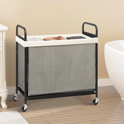 STORAGE MANIAC Rolling Laundry Hamper with Wheels 3-Section Laundry Sorter Rolling Laundrys Basket on Wheels with Removable Bag Clothes Hamper Laundrys Organizer Cart Bathroom Bedroom 120L Beige