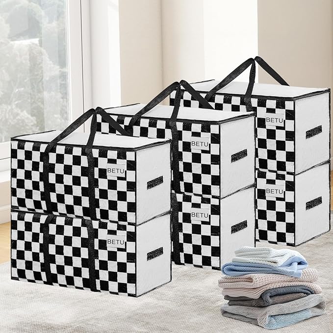 BETU 6 Pack Moving Bags Moving Storage College Dorm Camping Packing Travel PE Heavy Duty, Sturdy Handle, Zipper Large Storage Tote Bag Moving Boxes Box Alternative - White Plaid 29L x 15W x 15H