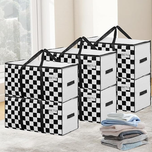 BETU 6 Pack Moving Bags Moving Storage College Dorm Camping Packing Travel PE Heavy Duty, Sturdy Handle, Zipper Large Storage Tote Bag Moving Boxes Box Alternative - White Plaid 29L x 15W x 15H