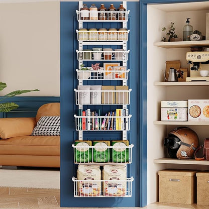 Over The Door Pantry Organizer, 8-Tier Over The Door Organizer with Adjustable Baskets, Metal Hanging Spice Rack for Pantry Organizers and Storage, Suitable for Kitchen Laundry Room & Bathroom, White