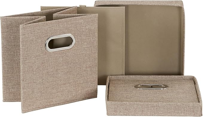 Household Essentials 802-1 Café Cube Bin Storage Set with Lids and Handles | 16 Pack, Brown Linen