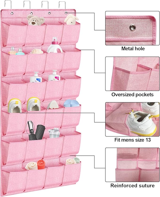 homyfort Pink Shoe Organizer Over the Door for Girls Women Kids Room,Hanging Shoe Rack Organizer for Closet Door,Zapateras Storage Holder with 24 Large Pockets & 4 Sturdy Hooks for Shoes,Slippers