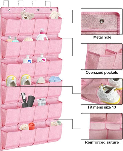homyfort Pink Shoe Organizer Over the Door for Girls Women Kids Room,Hanging Shoe Rack Organizer for Closet Door,Zapateras Storage Holder with 24 Large Pockets & 4 Sturdy Hooks for Shoes,Slippers