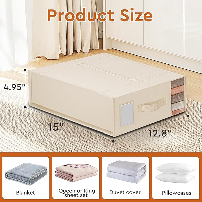 StorageTastic 6 Pack Bed Sheet Closet Organizers and Storage,Sturdy Foldable Storage Containers with Window and Label,Storage and Organization for Bedding Sheets,Duvet Covers,Blankets (Beige)