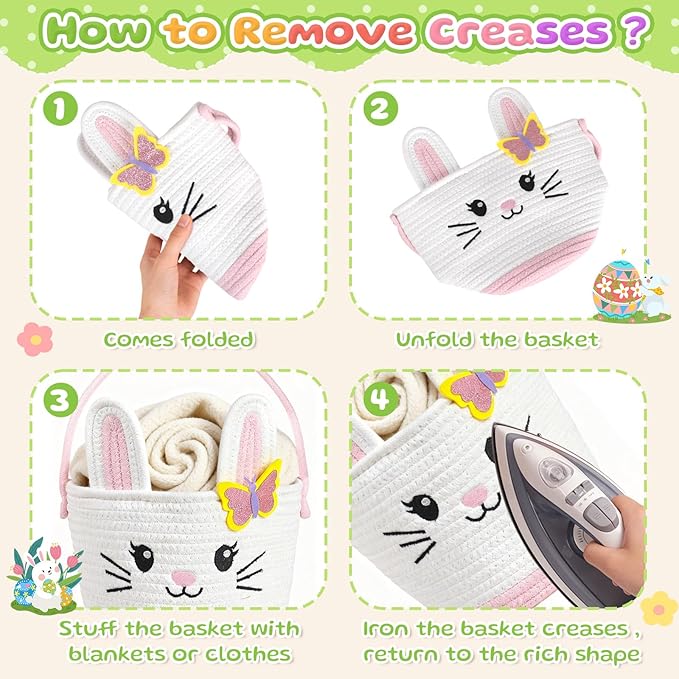 Small Woven Storage Basket with Handle, Cute Bunny Baskets for Gift Empty, Cotton Rope Storage Basket for Toy Organizer