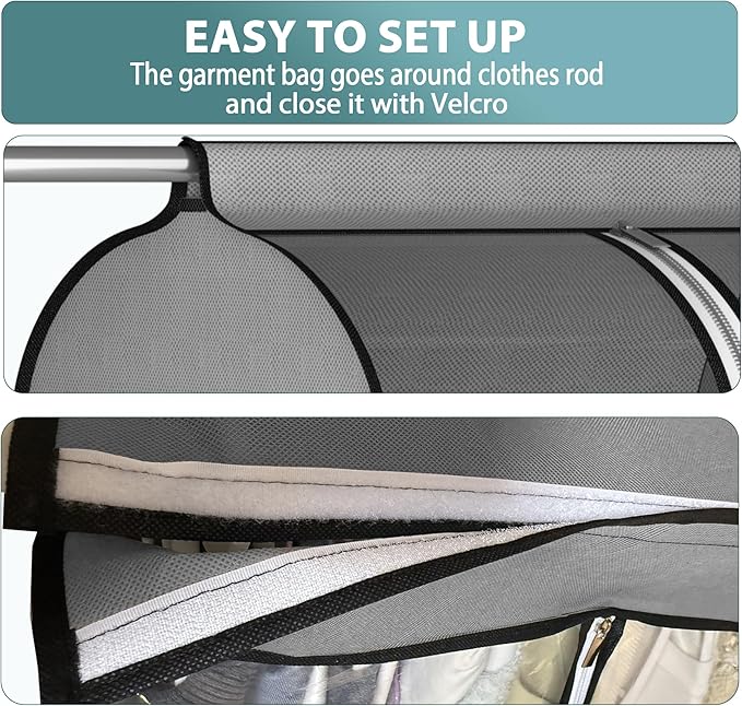 Liuoud 22” Gusseted Garment Bags for Hanging Clothes, Large Clear Window Clothes Cover for Closet Storage, Wardrobe Coat Protector for Suit, Shirt Long Dress, Bottom Enclosed, 2 Pack, 60” Long