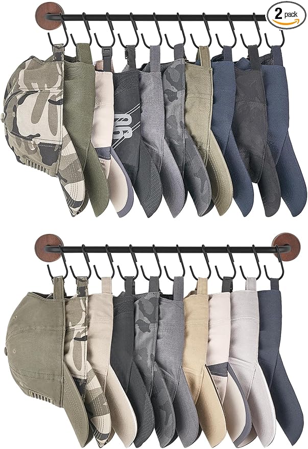 Mkono Hat Rack for Wall Hat Organizer for Baseball Caps Hanger with 20 Hooks Modern Metal Hat Holder Wall-Mounted Ball Caps Display for Closet Door Bedroom Entryroom Laundry, Set of 2