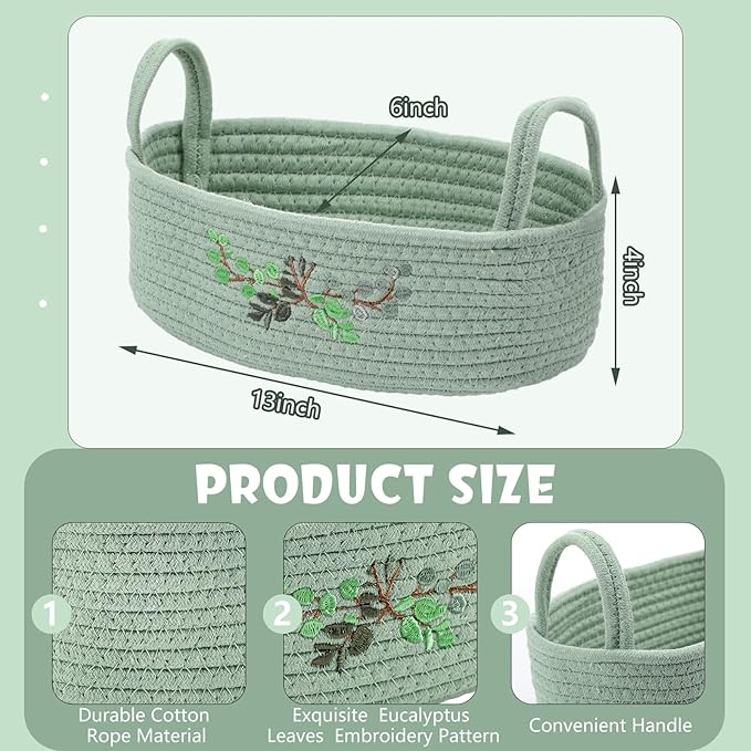 Vesici Eucalyptus Embroidered Cotton Rope Toilet Paper Basket, Boho Bathroom Counter Organizer with Handles, Green Storage Caddy for Toiletries Bedroom Organizing, 13 x 6 x 4 Inch