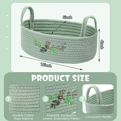 Vesici Eucalyptus Embroidered Cotton Rope Toilet Paper Basket, Boho Bathroom Counter Organizer with Handles, Green Storage Caddy for Toiletries Bedroom Organizing, 13 x 6 x 4 Inch