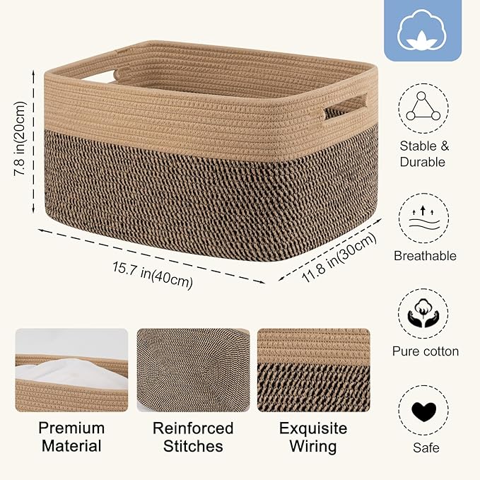4 Pack Storage Baskets for Organizing, Woven Baskets for Shelves - Perfect for Toys, Books, Towels, and Clothes, Durable Gift Basket Bins Toy Storage, 15.7''Lx11.8''Wx7.8''H, Black and Brown
