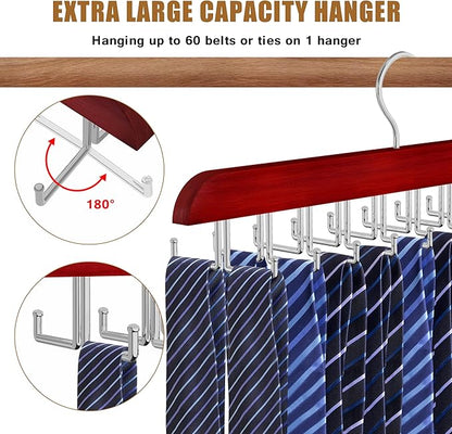 Tie Rack Hanger for Closet, 2 in 1 Belt Tie Hangers with 20 Folding Hooks, 360 Degree Rotating Wooden Tie Holder Organizer for Men Ties Belts Scarves Tank Tops Accessories, Walnut (1 Pack)