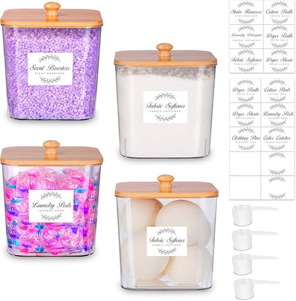 efluky 4 pack Laundry Pods Container & Dryer Sheet Holder Set,Clear Laundry Room Organization Containers with Bamboo Lids and Labels,Laundry Pods Holder for Scent Booster,Powder,Pod