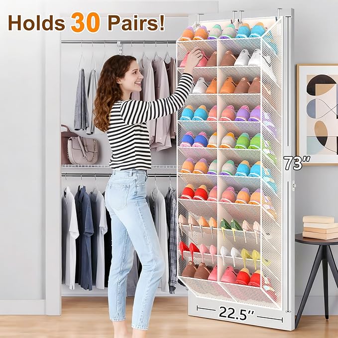UVIAHOMI 20-30 Pairs Over the Door Shoe Organizer, Breathable Pocket Hanging Shoe Storage for Closet, 10-Tier Door Shoes Rack, Handing Shoes Holder Fit All the Family's Sneakers, Boots, Heels, Beige