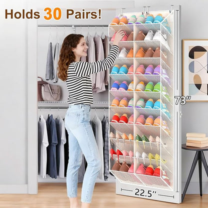 UVIAHOMI 20-30 Pairs Over the Door Shoe Organizer, Breathable Pocket Hanging Shoe Storage for Closet, 10-Tier Door Shoes Rack, Handing Shoes Holder Fit All the Family's Sneakers, Boots, Heels, Beige
