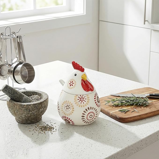 Ceramic Salt Cellar with Lid and Spoon,17oz Large Chicken Rooster Cookie Jar Salt Containers Holder for Countertop Spices,Cute Farmhouse Kitchen Decor,Spice Jar for Coffee,Sugar,Spices,Candies (#C)