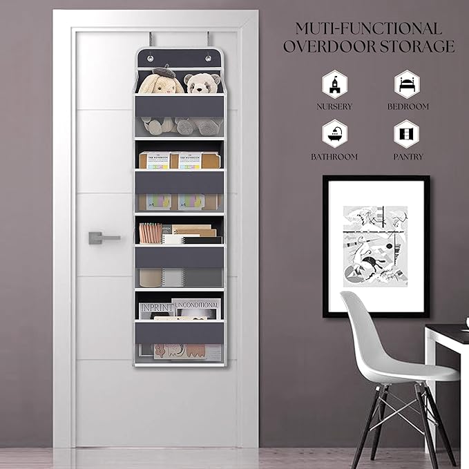 TYMENSH Over The Door Hanging Organizer with 4 Large Pockets – Closet, Bathroom, Nursery, Bedroom, Dorm Storage for Toys, Cosmetics, and Baby Essentials, Gray