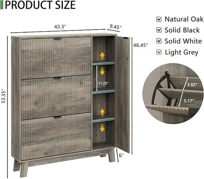 Xixini Shoe Cabinet with 3 Flip Drawers, 54" Tall Narrow Fluted Shoe Storage Organizer for Entryway, Hidden Wooden Shoe Rack with Adjustable Side Cabinet for Front Door Entrance, Hallway, Light Grey