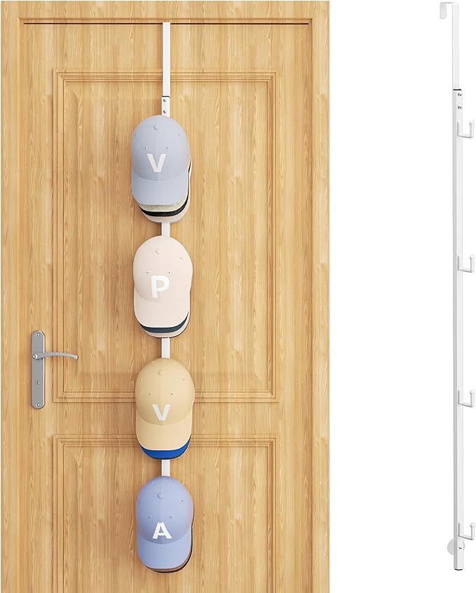 SWTYMIKI Over Door Hat Rack -1 Packs Metal Hanging Hat Organizer with 4 Hooks Design, Baseball Cap Hanger Organizer Storage Holds up to 20 Caps for Door, Bedroom, Closet