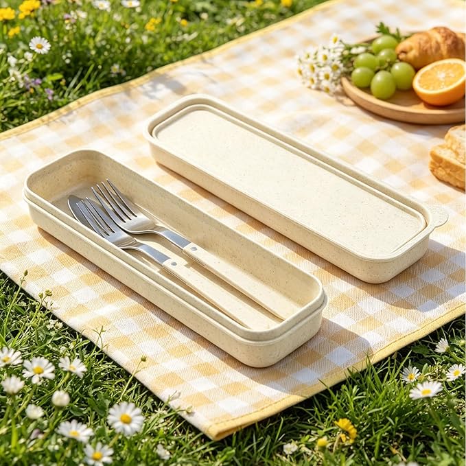 MY MIRONEY Portable Travel Tableware Box Beige Flatware Storage Box Case Travel Utensils Cutlery Case with Bag for Fork Spoon Chopsticks