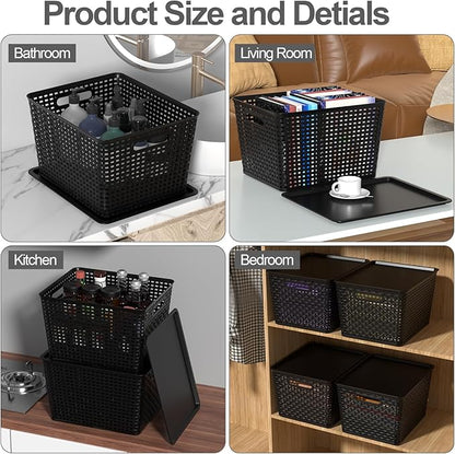 6-Pack Plastic Storage Baskets with Lid, Lidded Storage Organizer Bin, Black