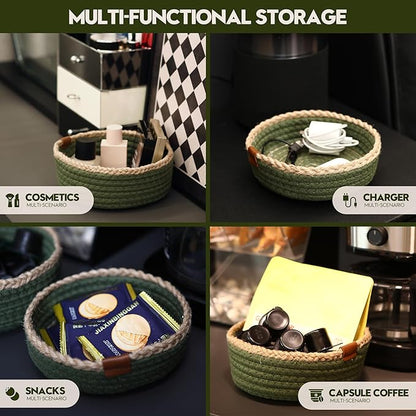 Sea Team 3-Pack Small Cotton Rope Storage Basket Set - Portable Round Organizers with Jute Braid for Small Items, Keys, Makeup & Trinkets