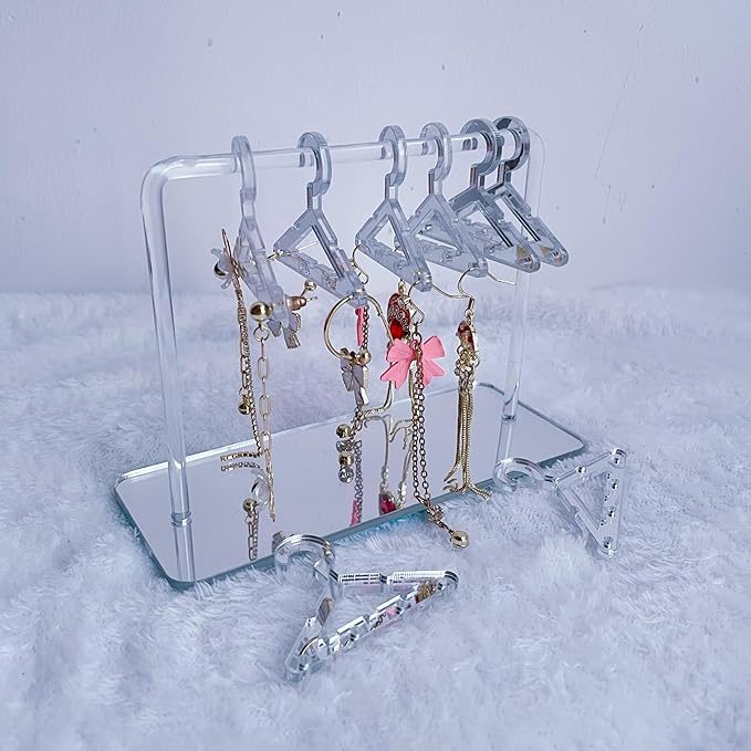 Earring Hanger Rack with 8 Mini Coat Hangers, Acrylic Earring Holder Display Stand, Ear Studs Hanging Earrings Organizer For Women Girls, Silver