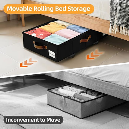 Under Bed Storage with Wheels,Underbed Storage with Sturdy Sidewalls/Bottom, Clear Cover, Label and PU Handle, Rolling Under Bed Drawers for Clothes, Shoes, 6.5 Inch Height,Black, 4 Pack