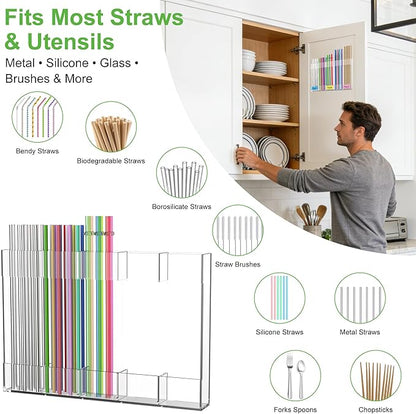 9.4” Large Acrylic Straw Holder for Cabinet Door, Reusable Straws Organizer Storage with Ultra Sticky Adhesive & Name Labels, Space-Saving Straw Storage Dispenser for Kitchen Counter Cupboard