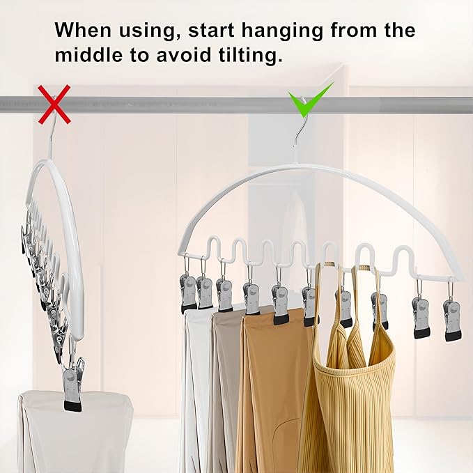 Legging Organizer for Closet,Metal Wave Design Pants Hanger with 10 Clips 7 Hooks, Closet Storage for Pants, Skirts, Hats (White, 4Pack)