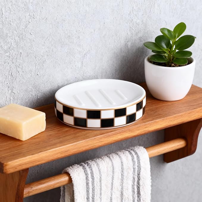 Ceramic Checkered Soap Dish,Black&White Soap Dish for Bathroom Sink, Bar Soap Holder for Bathroom Decorative Counter,Checkered Deco (Black)