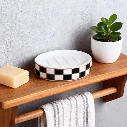 Ceramic Checkered Soap Dish,Black&White Soap Dish for Bathroom Sink, Bar Soap Holder for Bathroom Decorative Counter,Checkered Deco (Black)