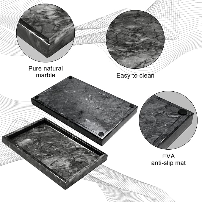 Pure Natural Marble Tray for Bathroom, Dresser, Sink. Cosmetics, toiletries, perfumes, Jewelry, Candles, etc. can be Placed (Ocean Wave Gray, 12" x 8" x 1.2")