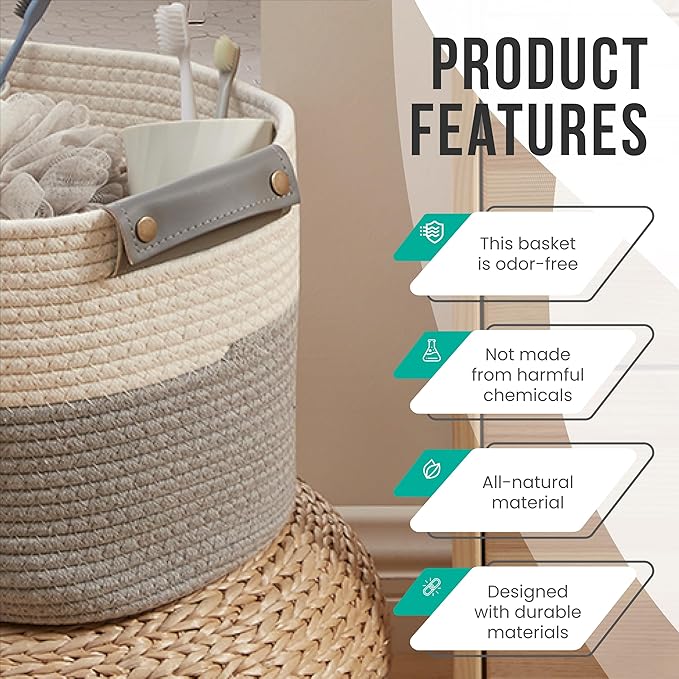 3 Pack Cotton Rope Storage Basket Woven Shelf Storage Bin with Faux Leather Handles, Decorative Closet Shelf Woven Basket for Storage Organizers, 15 x 10 x 9, White/Gray